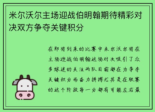 米尔沃尔主场迎战伯明翰期待精彩对决双方争夺关键积分